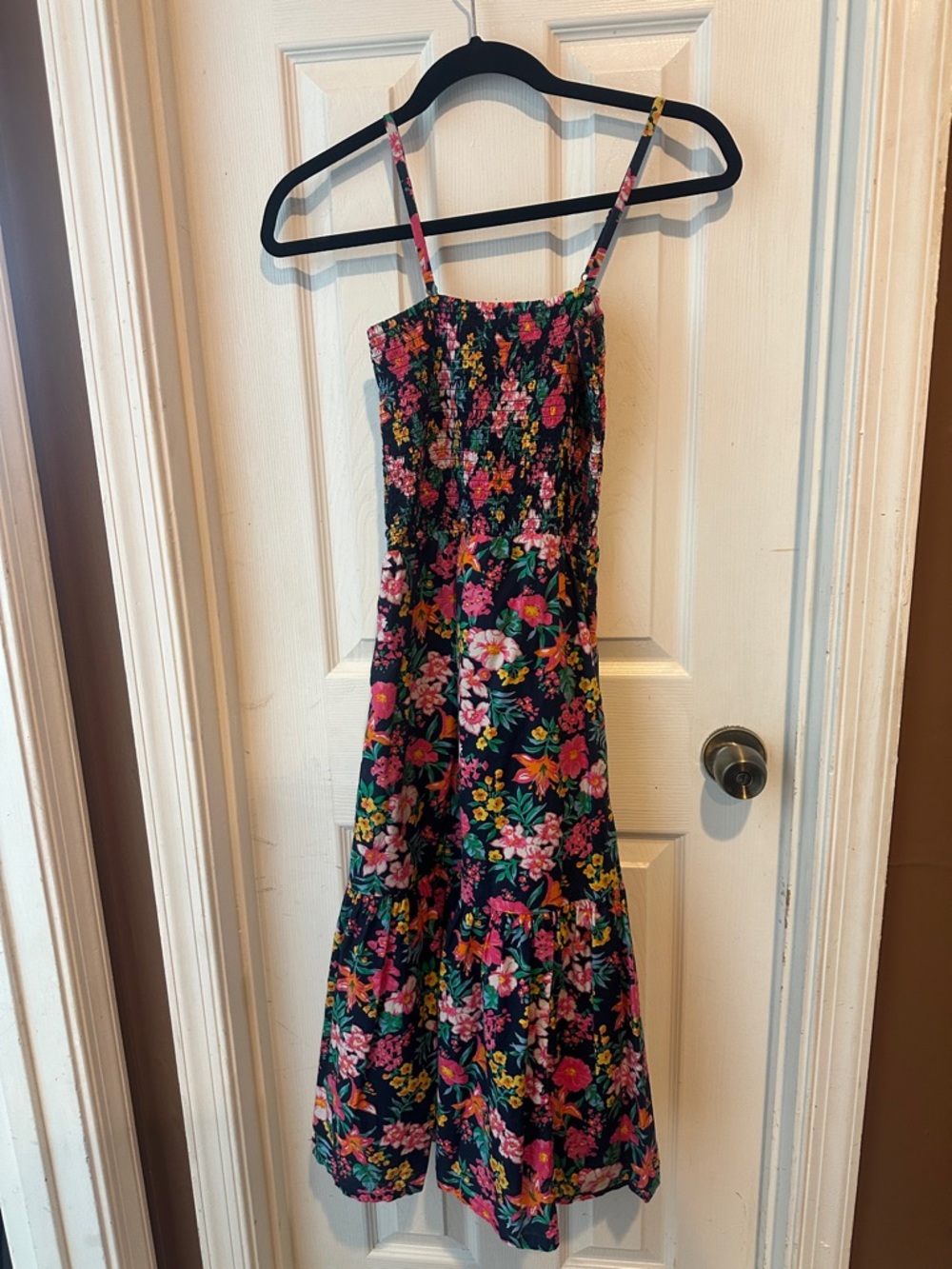 J. Crew Factory Navy Floral Midi Dress with Pink & Green Accents